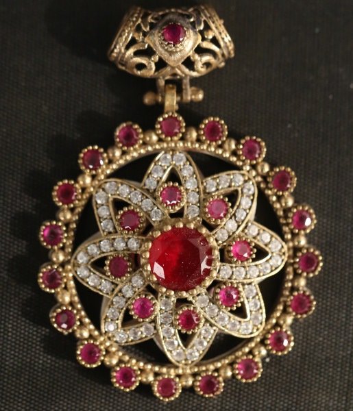 STERLING SILVER RUBY DIAMOND CZ PENDANT: STERLING SILVER RUBY DIAMOND CZ PENDANT. Height: 2 1/2 in. by Width: 1 3/4 in. by Depth: 1/2 in.