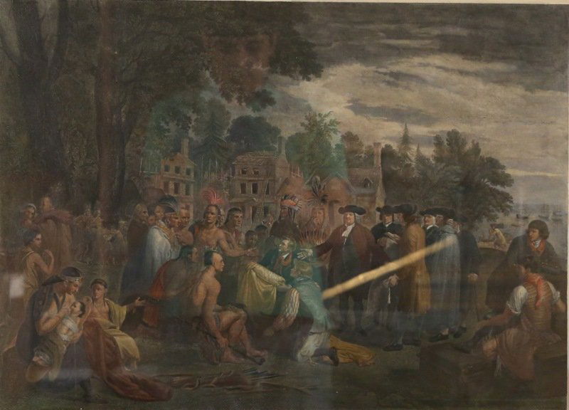 JOHN HALL "WILLIAM PENN TREATY WITH INDIANS" ENGR.: 19th CENTURY JOHN HALL "WILLIAM PENN TREATY WITH THE INDIANS" ENGRAVING. Height: 28 & 18 in. by Width: 35 & 23 in.