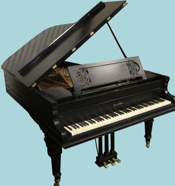 HENRY MILLER BLACK LACQUERED BABY GRAND PIANO: HENRY MILLER BLACK LACQUERED BABY GRAND PIANO. Minor nicks and scratches throughout, good sound board. Height: 38 in. by Width: 75 in. by Depth: 55 in.