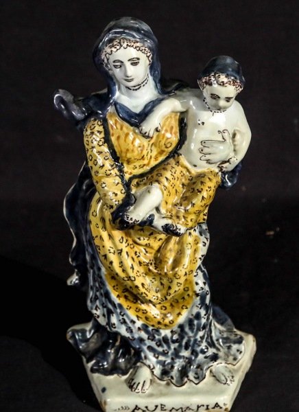 18th CENTURY FAIENCE MADONNA & CHILD: 18th CENTURY FAIENCE MADONNA & CHILD. Height: 13 in. by Width: 7 in. by Depth: 5 in.