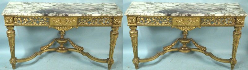 PAIR 19th C. MARBLE TOP GILT BASE CONSOLE TABLES: PAIR OF 19th CENTURY MARBLE TOP GILT BASE CONSOLE TABLES. Height: 30 in. by Width: 52 in. by Depth: 16 in.