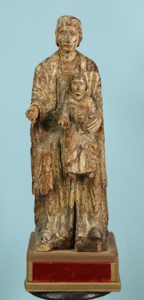 CIRCA 1400's FRENCH MADONNA & CHILD: CIRCA 1400's WOOD CARVED & GILDED FRENCH MADONNA & CHILD WITH TRACES OF ORIGINAL PAINT. SHOULDER AND BASE WORM DAMAGE. Height: 26 in. by Width: 9 in. by Depth: 7 in.