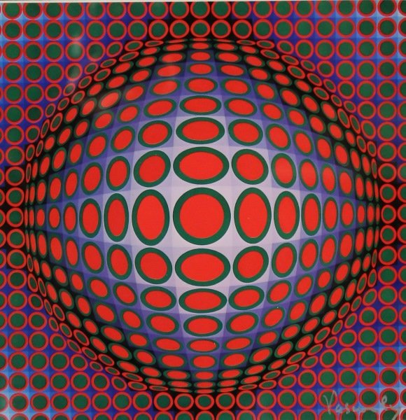 VICTOR VASARELY SIGNED PREMIUM PRINT 1965: VICTOR VASARELY SIGNED PREMIUM PRINT 1965. SIGNED BY VASARELY IN SILVER PEN. PUBLISHED IN "VASARELY" FROM MARCEL JORAY. EDITION: DU GRIFFON NEAUCHATEL. Height: 22 & 10 in. by Width: 18 & 10 in.