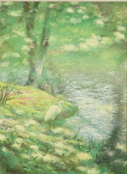 RICHARD EARL THOMPSON "HERON'S HABITAT" OIL/CANVAS: RICHARD EARL THOMPSON "HERON'S HABITAT" OIL ON CANVAS, 1988. SIGNED & DATED LOWER LEFT. Height: 34 & 24 in. by Width: 28 & 18 in.