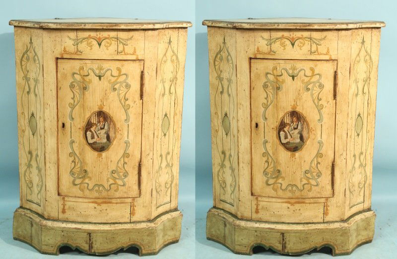 PAIR 19th C. PAINTED SCANDANAVIAN CORNER CABINETS: PAIR OF 19th CENTURY PAINTED SCANDANAVIAN CORNER CABINETS. Height: 39 in. by Width: 30 in. by Depth: 21 in.