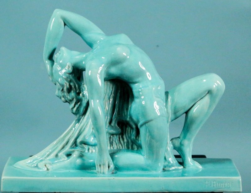 H. FUGERE ART DECO CERAMIC NUDE: H. FUGERE ART DECO CERAMIC NUDE. Height: 13 1/2 in. by Width: 17 1/2 in. by Depth: 6 in.