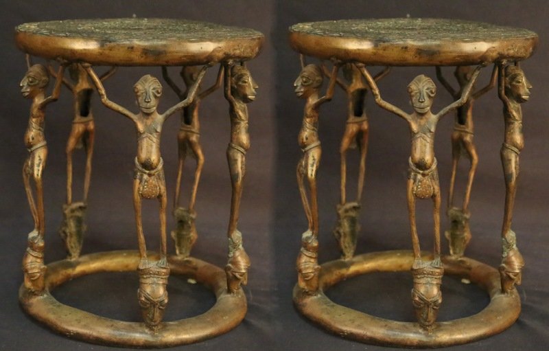 PAIR OF ANTIQUE CAST BRONZE AFRICAN STOOLS.: PAIR OF ANTIQUE CAST BRONZE AFRICAN STOOLS. Height: 14 in. by Width: 12 in. by Depth: 12 in.