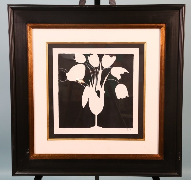 DONALD SULTAN "TULIPS AND VASE" SILKSCREEN: DONALD SULTAN"TULIPS AND VASE" ORIGINAL SILKSCREEN ON CONVENTRY RAG PAPER, EDITION NUMBER 143/395. Height: 32 & 14 in. by Width: 32 & 14 in. by Depth: 1 in.