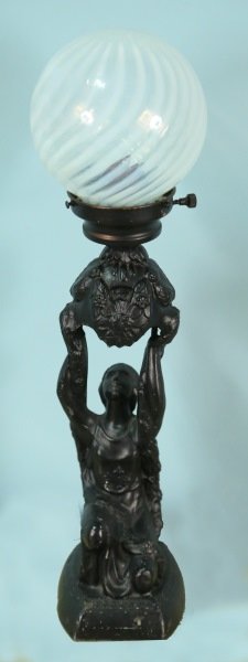 ART DECO SPELTER FIGURE WITH GLOBE SHADE LAMP: ART DECO SPELTER FIGURE WITH GLOBE SHADE LAMP. Height: 21 in. by Width: 7 in. by Depth: 7 in.