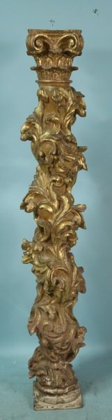 17th C. ELABORATELY CARVED & GILDED COLUMN: 17th CENTURY ELABORATELY CARVED & GILDED BAROQUE ROPETWIST COLUMN. Height: 66 in. by Width: 9 in. by Depth: 9 in.