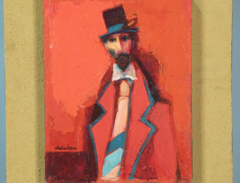 DAVID ADICKES "MAN IN RED SUIT" ACRYLIC/PANEL 2014: DAVID ADICKES "MAN IN RED SUIT" ACRYLIC ON PANEL, 2014. Height: 20 & 14 in. by Width: 17 & 11 in.