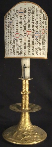 18th CENTURY GILT BRASS CANDLESTICK LAMP: 18th CENTURY GILT BRASS CANDLESTICK LAMP WITH VELLUM SHEET MUSIC SHADE. Height: 39 in. by Width: 14 in. by Depth: 14 in.