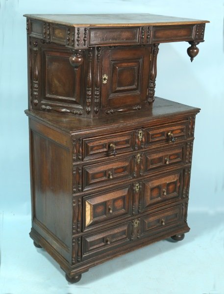 CIRCA 1500-1600 OAK TUDOR COURT CUPBOARD: CIRCA 1500-1600 OAK TUDOR COURT CUPBOARD. Height: 57 in. by Width: 38 in. by Depth: 22 in.