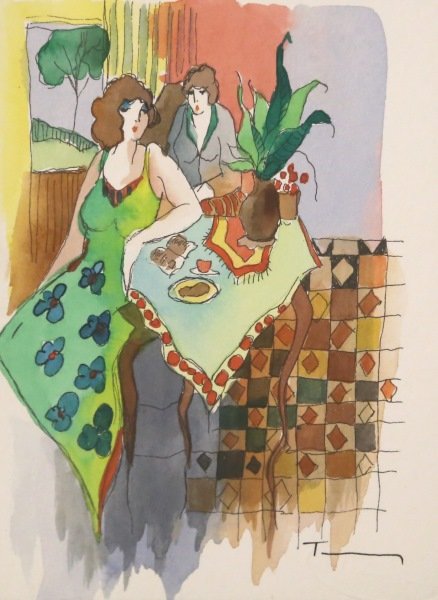 ITZCHAK TARKAY "CHIT CHAT" MIXED MEDIA: ITZCHAK TARKAY "CHIT CHAT" MIXED MEDIA PAINTING. C. O. A. Height: 23 & 5 1/2 in. by Width: 19 & 7 1/2 in. by Depth: 1 in.