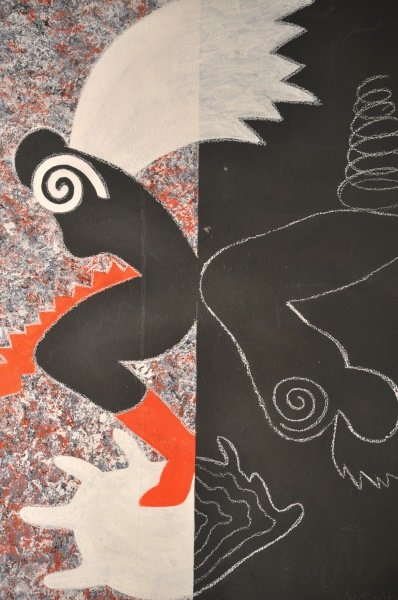 KAREN NELSON "ABSTRACT FIGURE" PAINTING ON PAPER: KAREN NELSON "ABSTRACT FIGURE" PAINTING ON PAPER. Height: 37 in. by Width: 31 in. by Depth: 2 in.