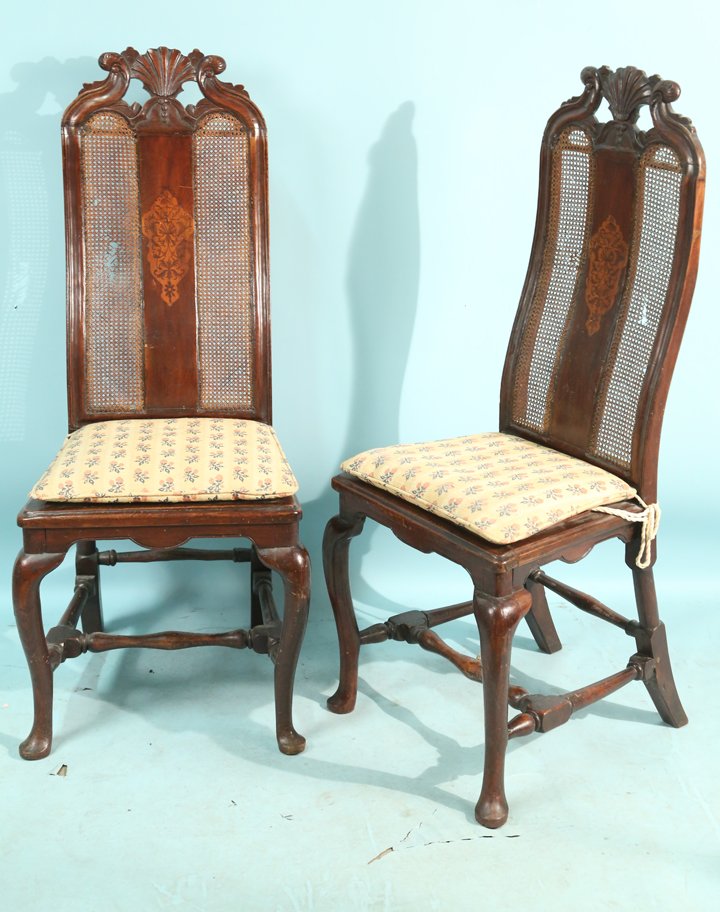 PAIR OF CIRCA 1600 WILLIAM & MARY WALNUT CHAIRS: PAIR OF CIRCA 1600 WILLIAM & MARY WALNUT INLAID SIDE CHAIRS. CANE NEEDS RESTORATION. Height: 46 in. by Width: 18 in. by Depth: 15 in.