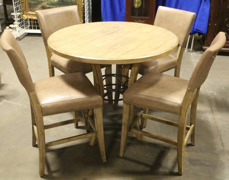 PUB TABLE WITH FOUR BAR STOOLS: PUB TABLE WITH FOUR BAR STOOLS. Height: 36 in. by Width: 42 in.