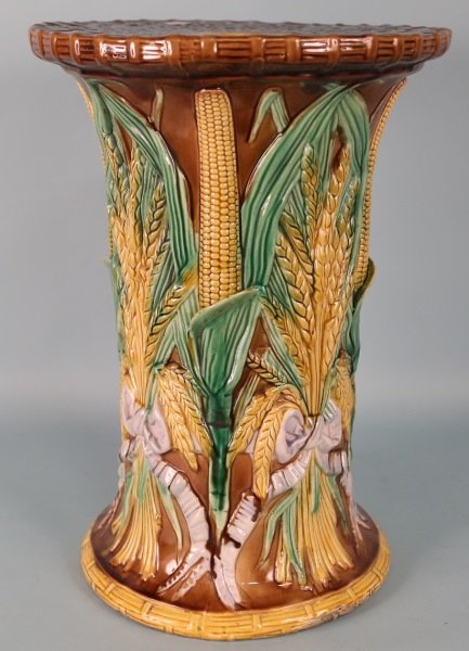 ANTIQUE CORN STALK DESIGN MAJOLICA STOOL: ANTIQUE CORN STALK DESIGN MAJOLICA STOOL. PROVENANCE: FROM THE ESTATE OF DR. GENE BURKE. Height: 19 in. by Width: 13 1/2 in. by Depth: in.