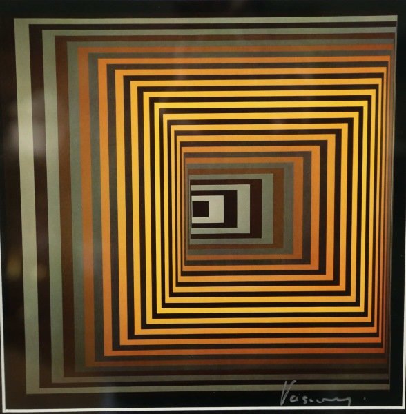 VICTOR VASARELY SIGNED PREMIUM PRINT 1965: VICTOR VASARELY SIGNED PREMIUM PRINT 1965. SIGNED BY VASARELY IN SILVER PEN. PUBLISHED IN "VASARELY" FROM MARCEL JORAY. EDITION: DU GRIFFON NEUCHATEL. Height: 22 & 10 in. by Width: 18 & 10 in.