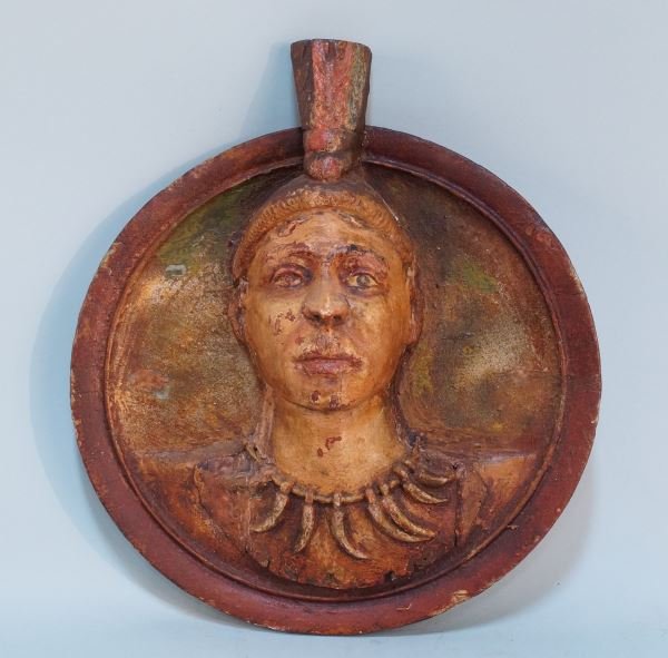 19th CENTURY ROUNDEL WITH NATIVE AMERICAN RELIEF: 19th CENTURY WOOD CARVED AND PAINTED ROUNDEL WITH NATIVE AMERICAN RELIEF. Height: 16 in. by Width: 14.5 in. by Depth: 3.5 in.