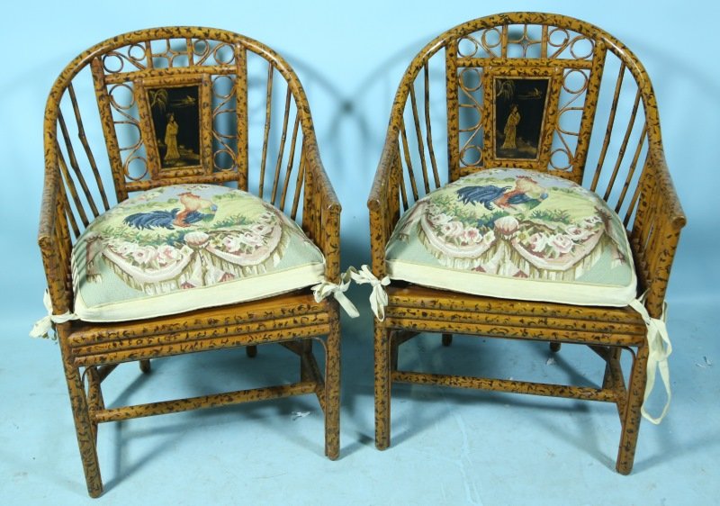 PAIR OF CHINESE STYLE LACQUERED CHAIRS: PAIR OF CHINESE STYLE LACQUERED CHAIRS WITH PAINTED BACK PANELS AND AUBUSSON SEAT CUSHIONS. Height: 34 in. by Width: 23 in. by Depth: 20 in.