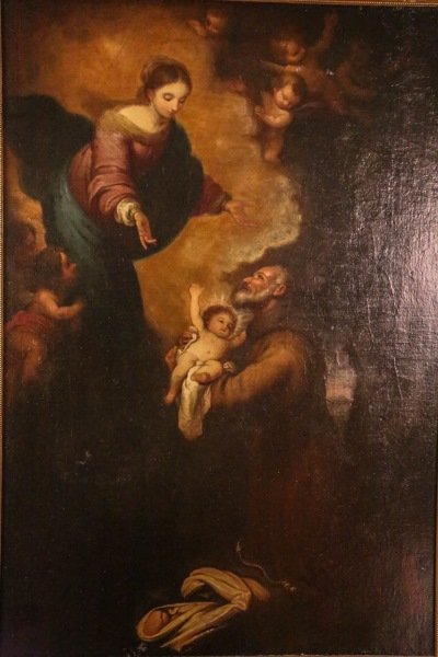 AFTER MURILLO "DIVINE INSPIRATION" OIL ON CANVAS: AFTER MURILLO "DIVINE INSPIRATION" OIL ON CANVAS. CIRCA 1650's. PROVENANCE: AUSTIN GALLERIES/BARNES COLLECTION. Height: 42 & 28 in. by Width: 32 & 18 in.