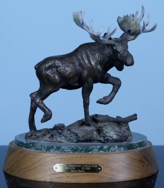 DANIEL PARKER NORTH AMERICAN COLLECTION "MOOSE": DANIEL PARKER NORTH AMERICAN COLLECTION "MOOSE" BRONZE SCULPTURE, EDITION NUMB ER 33/100. Height: 10 1/2 in. by Width: 10 in. by Depth: 7 in.