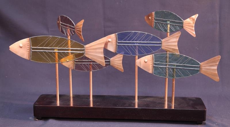GLASS AND COPPER FISH MOBILE: GLASS AND COPPER FISH MOBILE. Height: 17 in. by Width: 27 in. by Depth: 5 1/2 in.