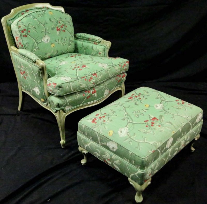 PAINTED FRENCH STYLE BERGERE & OTTOMAN (1 of 3)