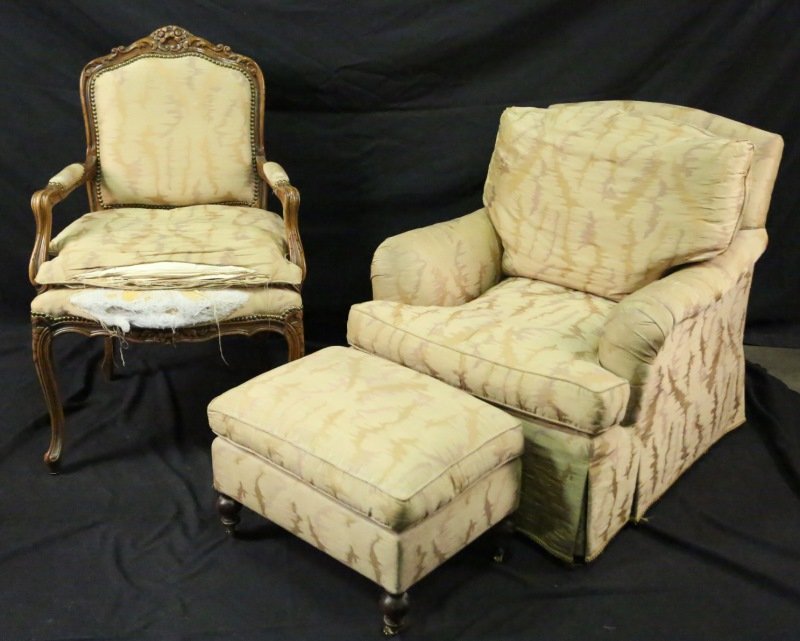 CLUB CHAIR AND OTTOMAN WITH FRENCH STYLE ARMCHAIR (1 of 4)
