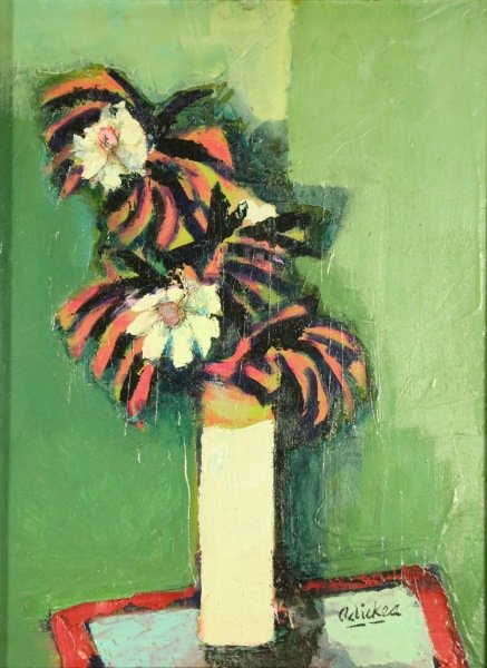 DAVID ADICKES SMALL BOUQUET RED LEAVES" ORIGINAL: DAVID ADICKES "SMALL BOUQUET RED LEAVES AGAINST GREEN" ORIGINAL OIL ON CANVAS MOUNTED TO PANEL. Height: 17 & 9 in. by Width: 14 & 12 in.