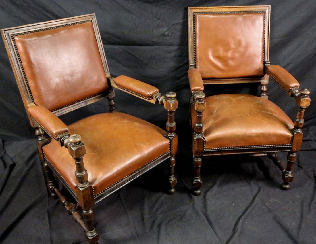 PAIR 19th CENTURY FRENCH SQUARE BACK LEATHER ARMCHAIRS (1 of 5)