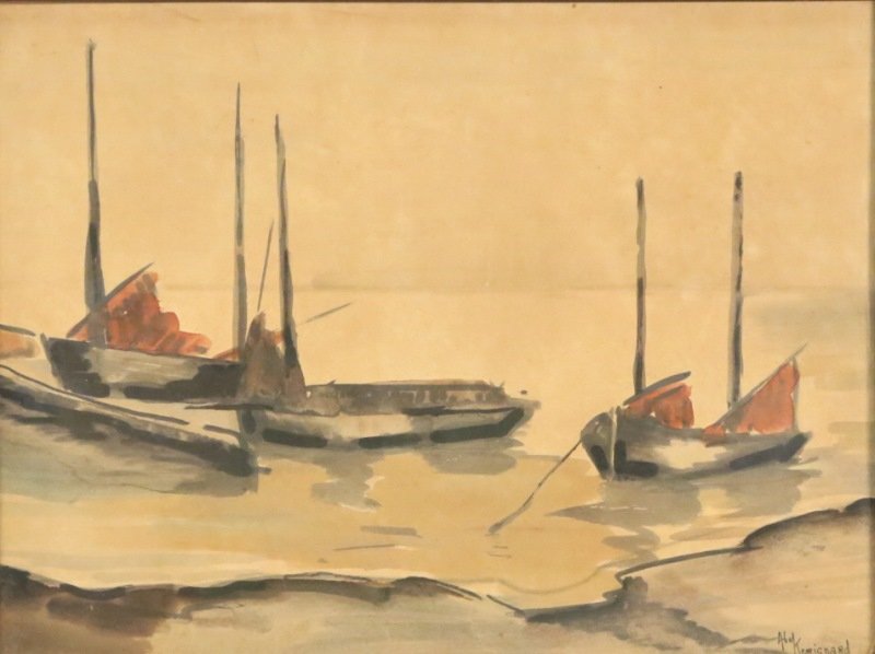 ABEL KERICNARD HARBOR SCENE WATERCOLOR, C. 1940's (1 of 3)