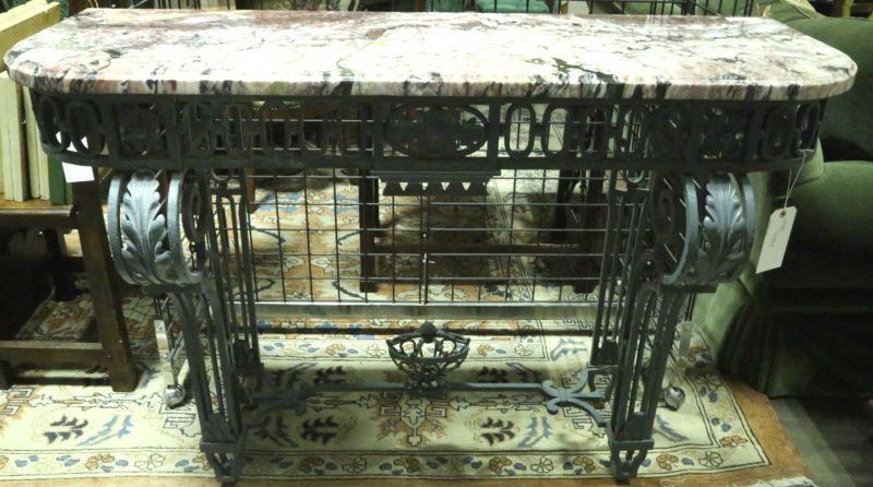 CIRCA 1900 FRENCH MARBLE TOP IRON CONSOLE (1 of 2)