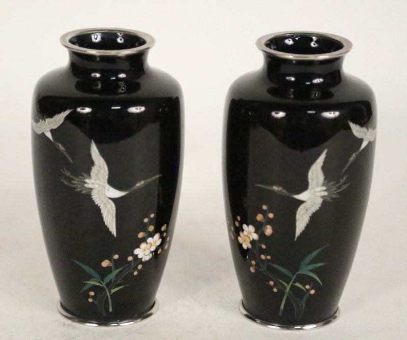 PAIR OF ANTIQUE BLACK JAPANESE CLOISONNE VASES (1 of 4)