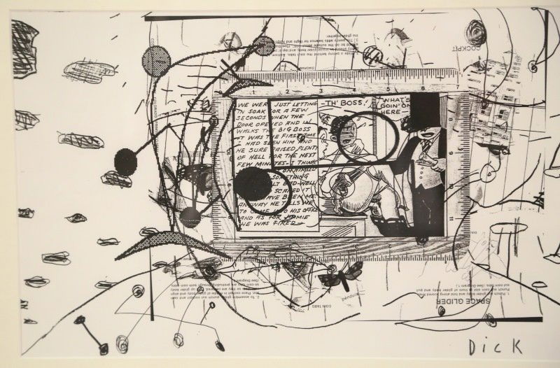 DICK WRAY ABSTRACT SIGNED DRAWING OVER COMIC STRIP: DICK WRAY ABSTRACT SIGNED DRAWING OVER COMIC STRIP. Height: 22 and 10 in. by Width: 26 and 16 in.