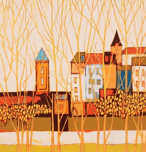 DAVID ADICKES "VILLAGE THROUGH THE TREES": DAVID ADICKES "VILLAGE THROUGH THE TREES" SIGNED SILKSCREEN, EDITION NUMBER 221/300. Height: 30 & 22 1/2 in. by Width: 30 & 21 1/2 in.