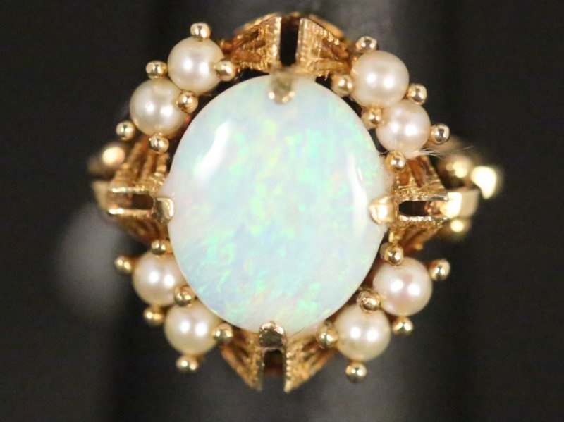 18KT YELLOW GOLD OPAL & PEARL ANTIQUE RING (1 of 2)