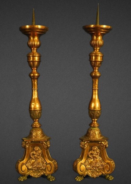 PAIR ANTIQUE COPPER REPOUSSE FOOTED PRICKET STICKS (1 of 2)