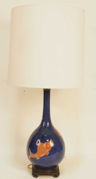 19th C. JAPANESE GOLD KOI ON BLUE BACKROUND LAMP (1 of 4)