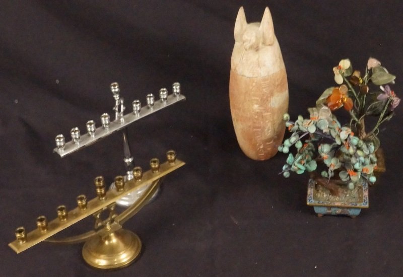 MIXED LOT OF TWO MENORAHS, JADE TREES & TOMB URN (1 of 5)