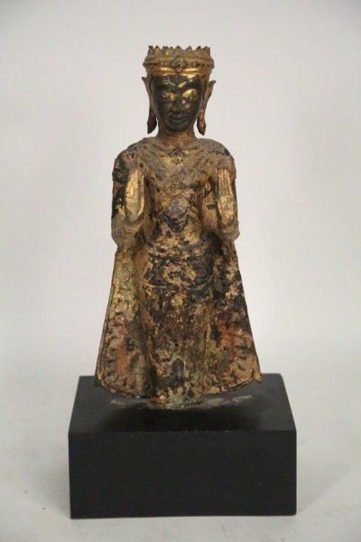 ANTIQUE BRONZE BUDDHA ON WOODEN BASE (1 of 4)