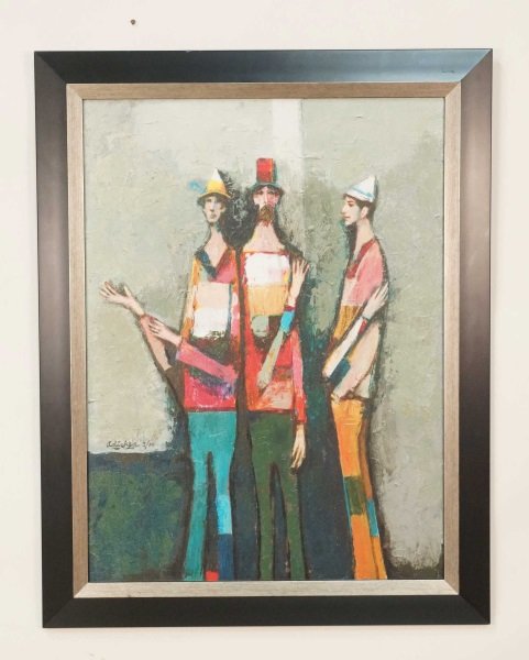 DAVID ADICKES "TRIO HOMMES" ACRYLIC ON PANEL: DAVID ADICKES "TRIO HOMMES" ACRYLIC ON PANEL. Height: 38 & 31 in. by Width: 30 & 23 in.