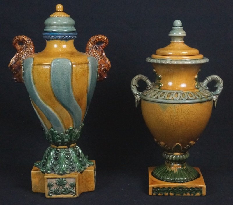 TWO MAJOLICA LIDDED URNS (1 of 3)