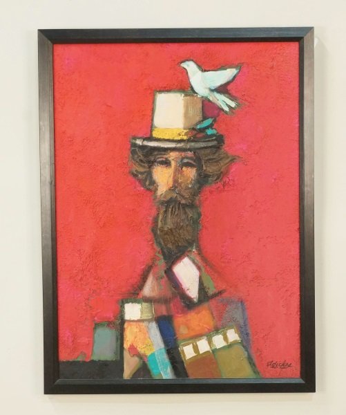 DAVID ADICKES "MY NEW WHITE HAT" ACRYLIC ON BOARD (1 of 3)