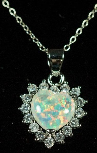 OPAL & WHITE SAPPHIRE HEART PENDANT 16" CHAIN (1 of 2)
