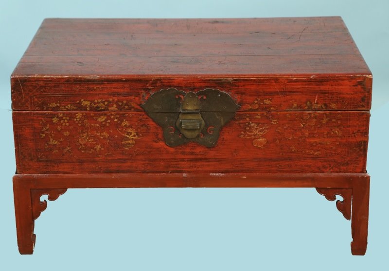 ANTIQUE CHINESE RED LACQUERED TRUNK ON STAND (1 of 6)
