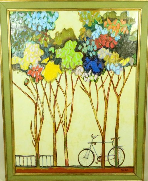 DAVID ADICKES "THE BIKE TRAIL" OIL, CIRCA 1970's: DAVID ADICKES "THE BIKE TRAIL" OIL ON CANVAS, CIRCA 1970's. Height: 54 & 48 in. by Width: 42 & 32 in.
