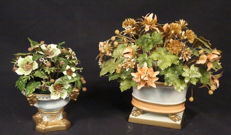 LOT OF TWO ENAMELED FLORAL ARRANGEMENTS: LOT OF TWO ENAMELED FLORAL ARRANGEMENTS. SMALLER ONE IS MARKED FLEURS DE SIECLES DESIGNED BY JANE HUTCHESON, 1979. Height: 9 and 7 in. by Width: 10 and 6 in. by Depth: 8 and 6 in.