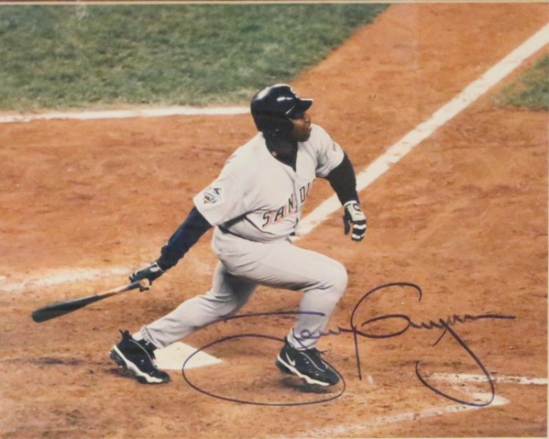 SIGNED PHOTOGRAPH OF TONY GWYNN: SIGNED PHOTOGRAPH OF TONY GWYNN OF THE SAN DIEGO PADRES. Height: 14 1/2 & 7 1/2 in. by Width: 17 1/2 & 9 1/2 in.